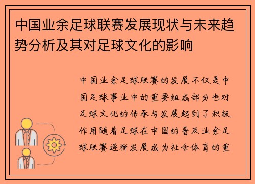 中国业余足球联赛发展现状与未来趋势分析及其对足球文化的影响