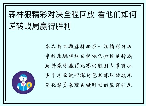 森林狼精彩对决全程回放 看他们如何逆转战局赢得胜利